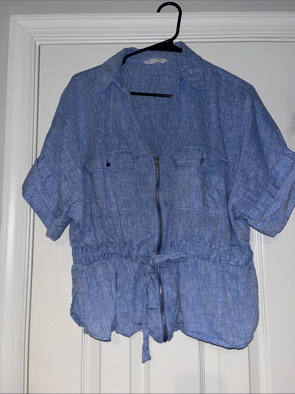 Zara Light Blue Linen Zip Shirt
